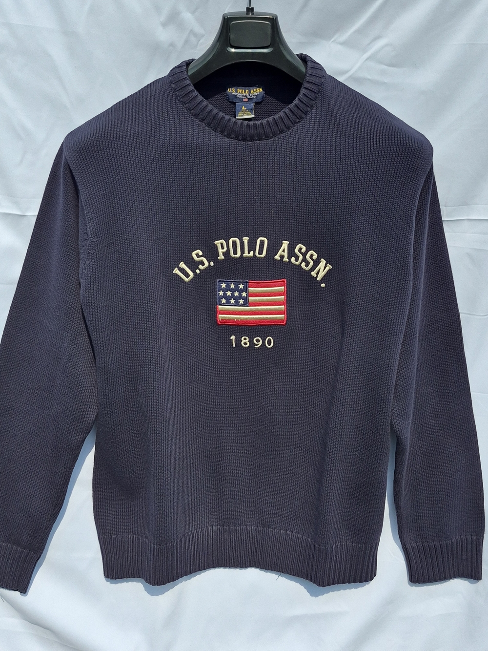 L'AGENCE Navy Embroidered Flag Crewneck Sweater